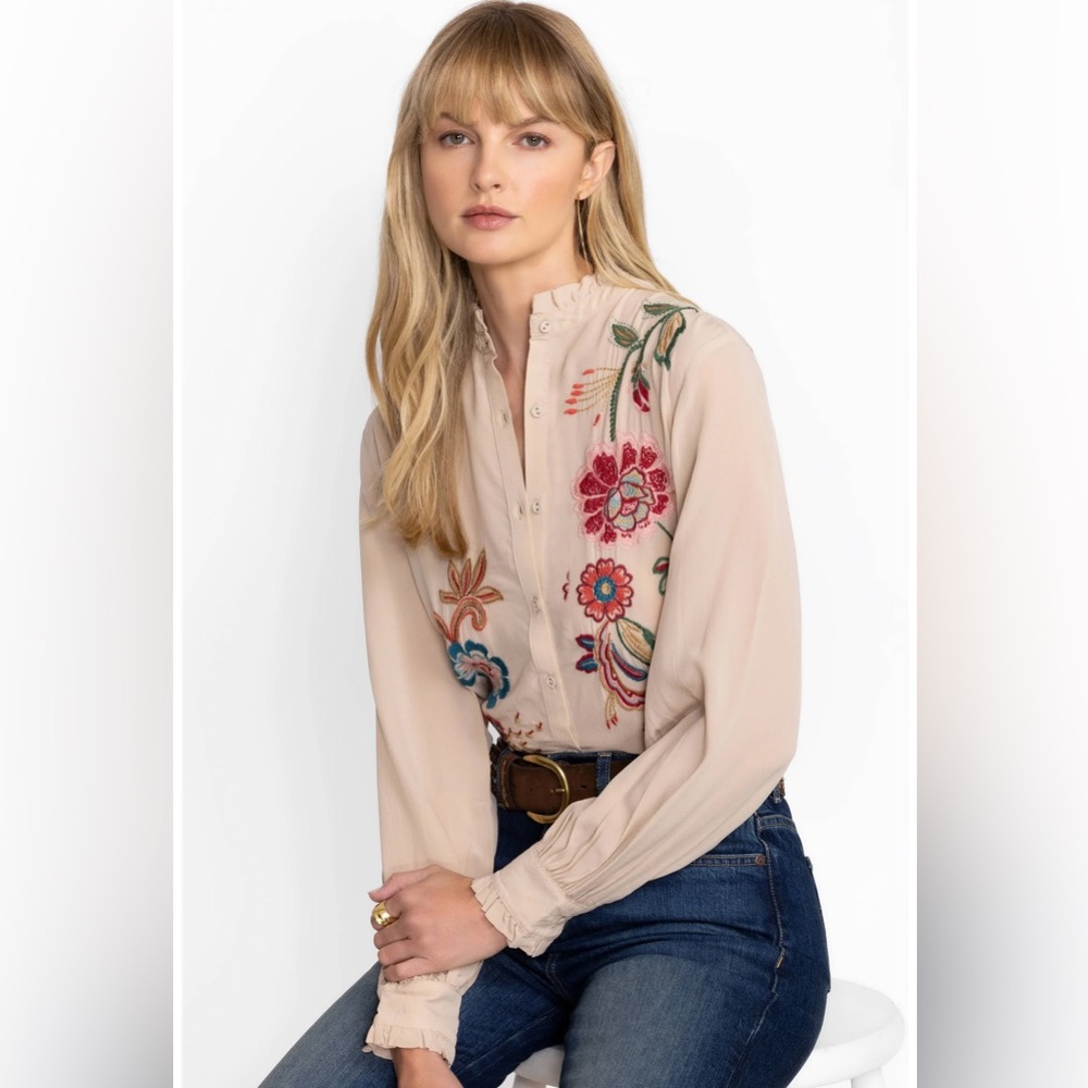 NWT Johnny Was size XS Floral Messine Ruffled Collar Embroidered Silk Blouse